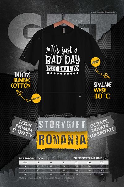 StoryGift Romania Men's T-shirt with hearts and the message "It's just a bad day, not a bad life" with STG print