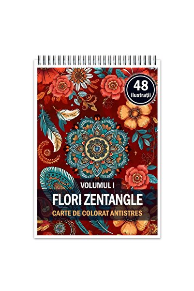 Legendary Gifts Carte de colorat antistres, 48 ​​de ilustrații cu flori zentangle - Volumul I, Format: A4,