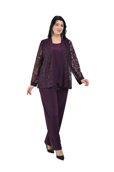 LİLAS XXL Plus Size Plum Colored Lace Jacketed Evening Dress Trousers Blouse Set