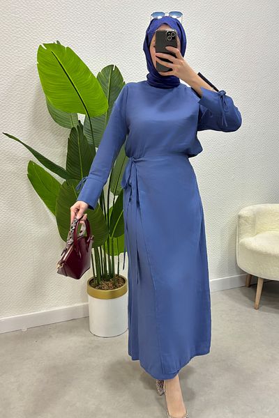 Tesettür Diyarı Women's Hijab Clothing Side Tie Detailed Skirt Shirt Set - Indigo