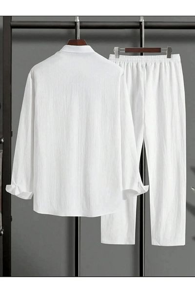 Nyda Collections Men's Crinkle Suit Buttoned Shirt and Lace-Up Trousers Summer Suit Double Pocket Crinkle Fabric