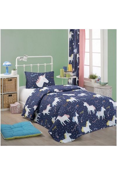 Eponj Home Set cuvertura matlasata + 1 fata perna, Eponj Home, Magic Unicorn Bleumarin