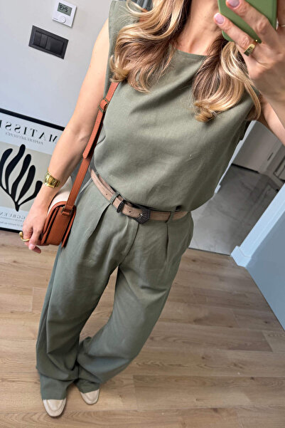 Sue Store Haki Vatkalı Kolsuz Keten Bluz Pantolon Takım