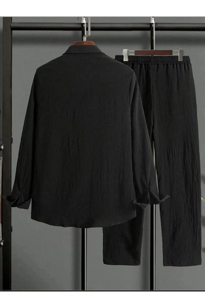 Nyda Collections Men's Crinkle Suit Buttoned Shirt and Lace-Up Trousers Summer Suit Double Pocket Crinkle Fabric