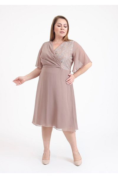 LİLAS XXL Plus Size Cream Colored Double Breasted Collar Chiffon Evening Dress