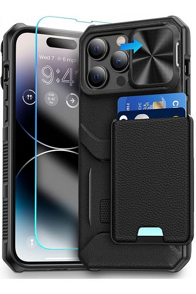 HWeggo iPhone 14 Pro Max case and screen protector set, PU leather/tempered glass, black, 6.7 inches