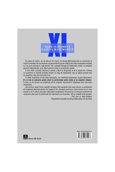 Editura Cartea Romaneasca Educational Teme supliment matematica pentru clasa a 11-a, Radu Gologan, Ion Cicu, Alexandru Negrescu (Coord)