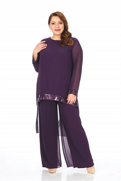 LİLAS XXL Set de bluză cu pantaloni de seară din șifon de culoare prune de mărime mare