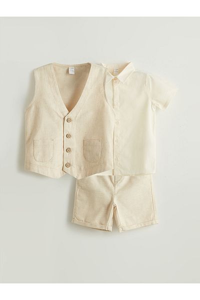 LC Waikiki Standard Mold Cotton Blended Linen Fabric Fashionable and Comfortable Baby Boy Shirt Shorts and Vest 3-Piece Set