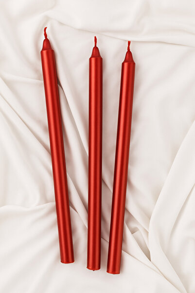 TR Turan Collection 3 Adet Şamdan Mumu Kırmızı Renk Sedefli Konik Mum