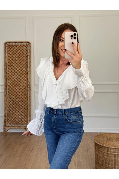 X-Young Elastic sleeve ruffle detailed shirt ecru
