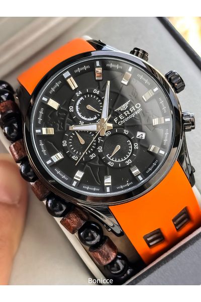 FERRO Sport Men's Watch, Active Functions, Orange Silicone, with Calendar, Bracelet Gift