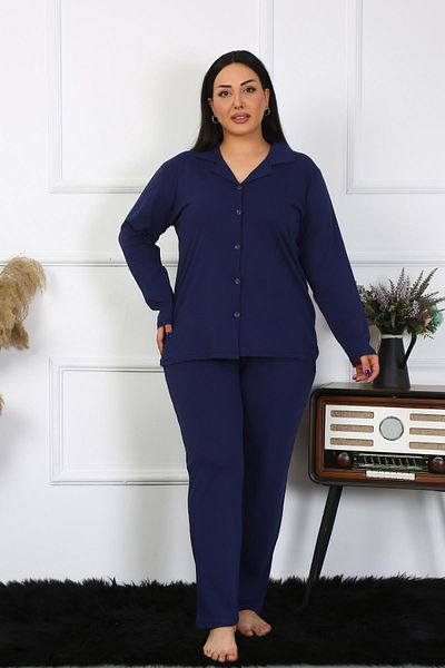 Celira Women's Large Size Cotton Pocketed Buttoned Navy Blue Pajama Set202401