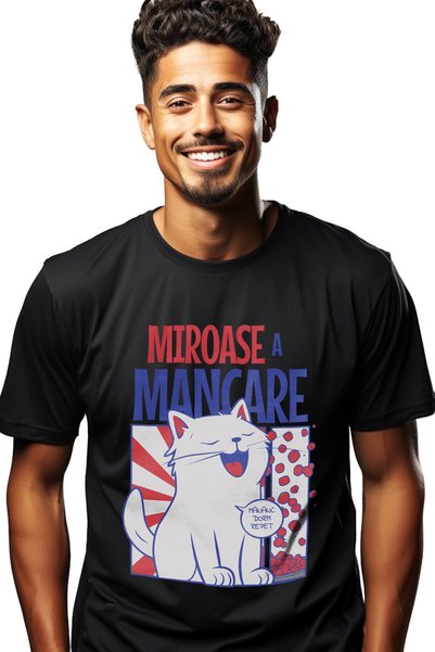 StoryGift Romania Ανδρικό T-shirt Λευκή Γάτα Αστείο Μήνυμα Μυρίζει Φαγητό, Γι...