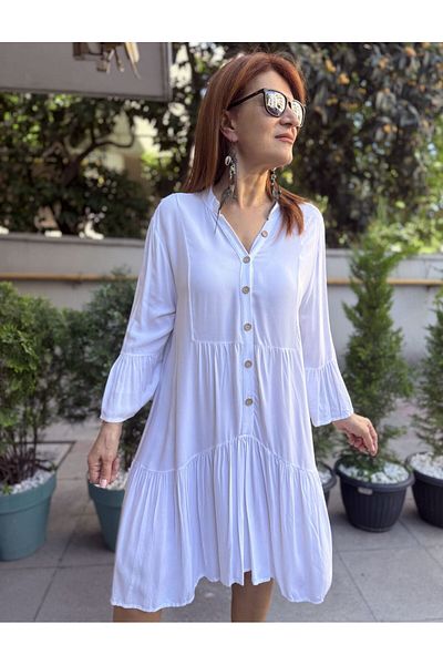 DenizEge L-Ruffled Viscose Dress White
