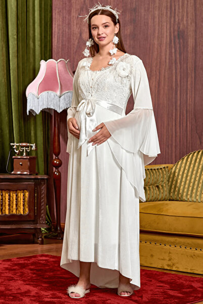 Mavelle Women's Velvet Lace Detailed Maternity Dressing Gown Cream 25134