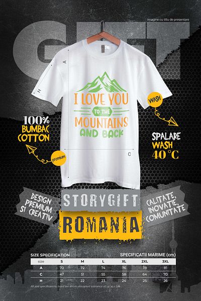 StoryGift Romania Tricou Barbati cu munti si declaratie de iubire "Te iubesc pana la munti si inapoi" cu imp STG