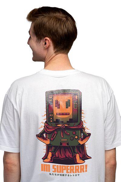 StoryGift Romania Men's T-Shirt With Childhood Video Game Controller With Superhero Cape, Orange Text Stg