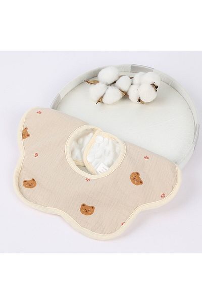 Flippy Bavetă Bebe Floare, Bumbac, 0-12 Luni, Impermeabilă, Capse, Model Ursuleț, 26x29 Cm, Crem