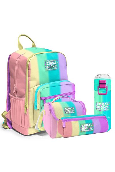 Coral High Set de 4 genți de școală (ghiozdan, nutriție, suport pentru stilou, sticlă de apă)