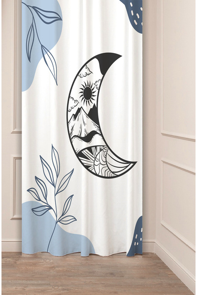 GREENDECOR Natură Soare Munte Nor Lună Frunză Model boem Design special Digital cu imprimeu (Un singur aripă) Fundal albastru Perdele