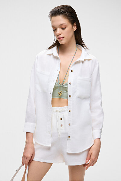 GRIMELANGE Dens Kadın %100 Pamuk Muslin Kumaş Rahat Kesim Önü Düğmeli Ve Cepli Ekru Şort