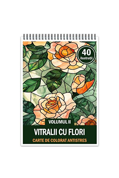 Legendary Gifts Carte de colorat antistres, 40 de ilustrații cu flori din vitralii - Volumul II, Format: A4,