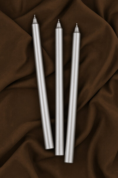 TR Turan Collection 3 Adet Şamdan Mumu Gümüş Renk Sedefli Konik Mum