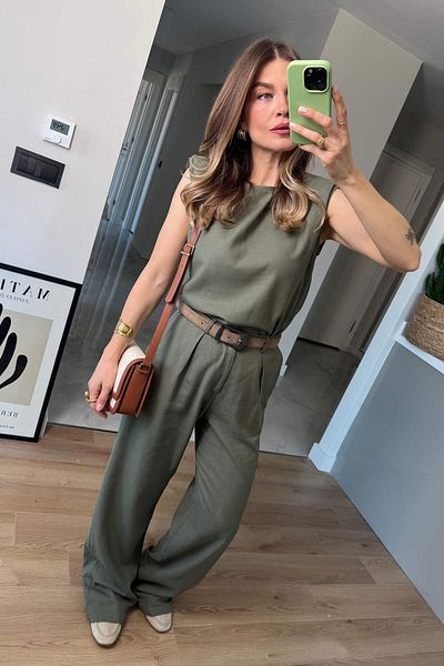 Sue Store Set pantaloni bluză de in fără mâneci căptușit kaki