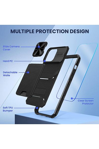 HWeggo iPhone 14 Pro Max case and screen protector set, PU leather/tempered glass, black, 6.7 inches