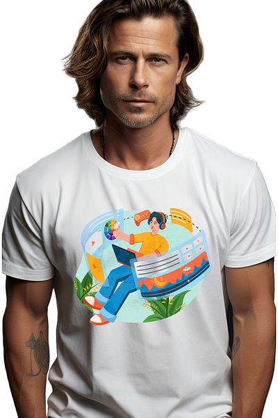 StoryGift Romania Men's T-Shirt With Headphones, Laptop, Screen, Plants, Controller, Games, Video Clips, with STG print