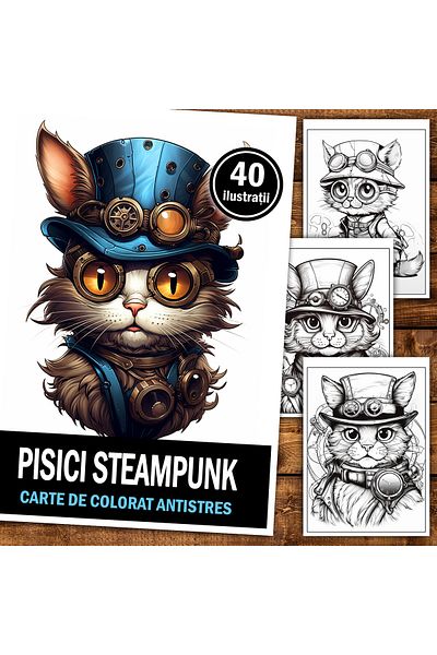 Legendary Gifts Anti-stress Coloring Book, 40 Illustrations, Steampunk Cats, 86 Pages, Format: A5