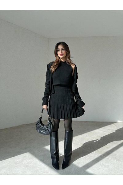 NZL TEKSTİL Dgns 3-Piece Cardigan-Blushe-Skirt Set