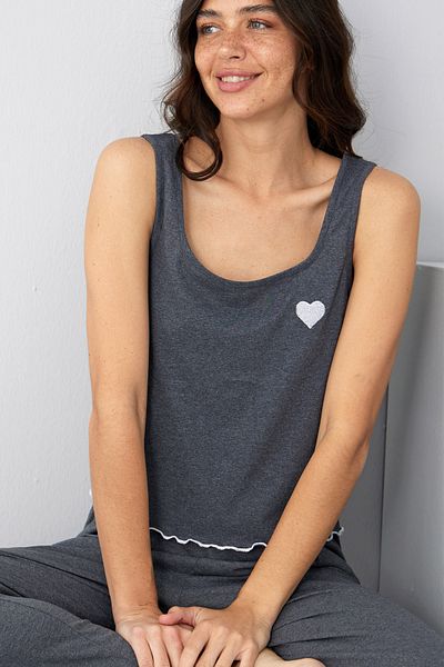 Siyah İnci Anthracite Heart Embroidered Thick Strap Knitted Pajama Set7884