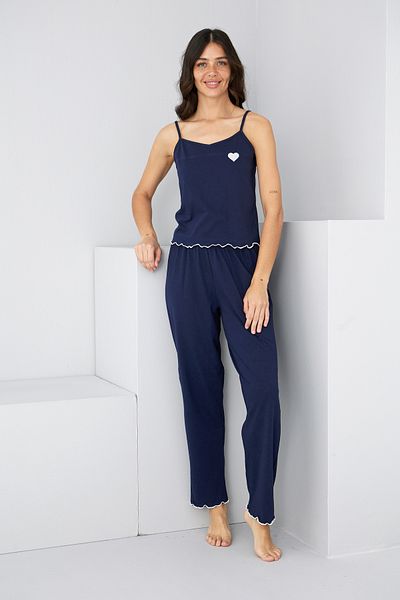 Siyah İnci Navy Blue Heart Embroidered Rope Strap Knitted Pajama Suit7883
