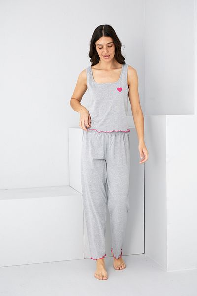 Siyah İnci Gray Heart Embroidered Thick Strap Knitted Pajama Set7884