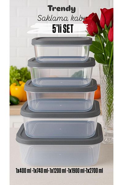 Doğuş Mutfak 5 Pieces Rectangular Food Storage Container - Microwave Suitable Organizer Organizer Gray
