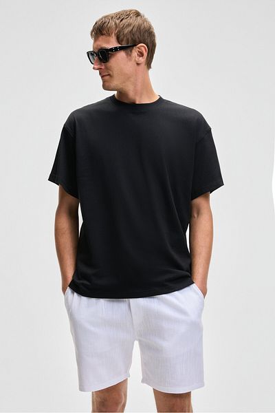 GRIMELANGE Feon Men's Oversize Wide Cut 100% Organic Cotton Thick Textured Round Neck Black T-Shirt