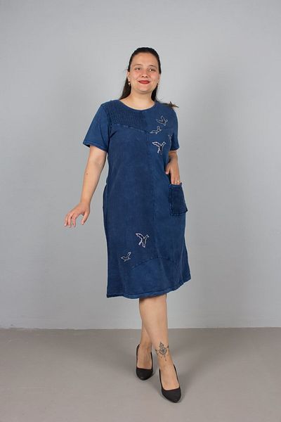 Truva XXL Large Size Washed Cotton Navy Blue Dress – Butterfly Stone Printed Sizes 42-56