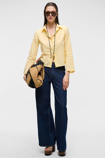GRIMELANGE Makayla Women's 100% Cotton Linen Look Flared Wide Sleeve Fitted Yellow Shirt