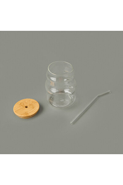 Paçi Bamboo Lid Glass with Straw, 450 Ml, Light Brown / Transparent, Stylish and Convenient Design