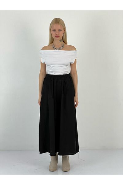 Miss Poem Women's Pleated Black Linen Skirt with Pockets