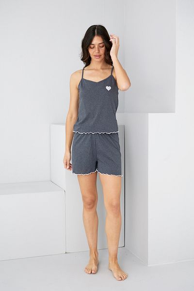 Siyah İnci Anthracite Heart Embroidered Rope Strap Knitted Shorts Set7881