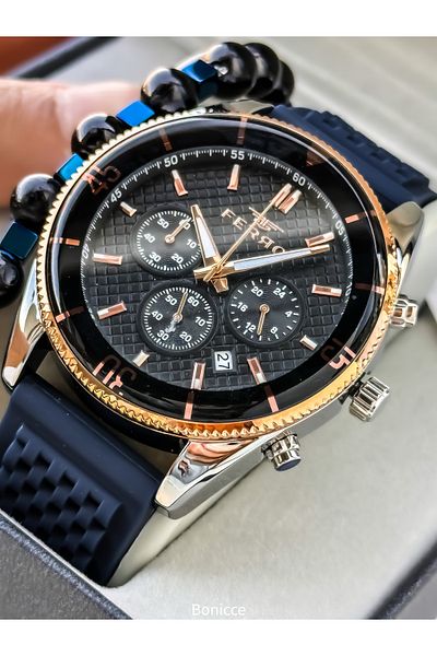 FERRO Sports Men's Watch, Active Functions, Dark Blue Silicone, with Calendar, Bracelet Gift