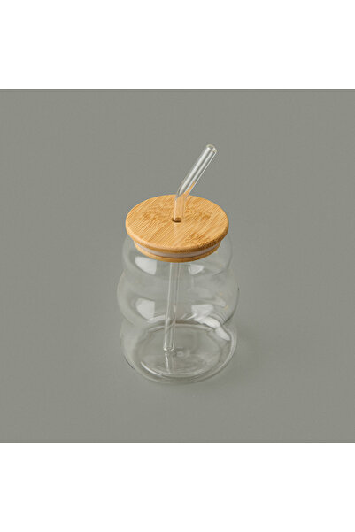 Paçi Bamboo Lid Glass with Straw, 450 Ml, Light Brown / Transparent, Stylish and Convenient Design