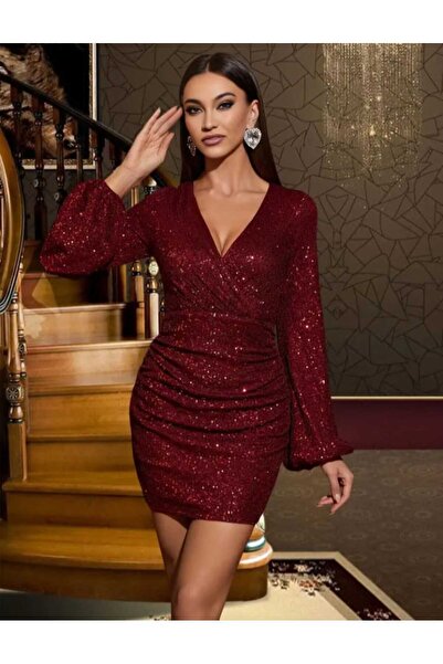 MODAS BOYUNDAN BAGLAMALI SIRTI AÇIK YIRTMAÇLI MİNİ ELBİSE