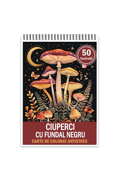 Legendary Gifts Anti-stress Coloring Book, 50 Illustrations Mushrooms With Black Background, 106 Pages, Format: A5