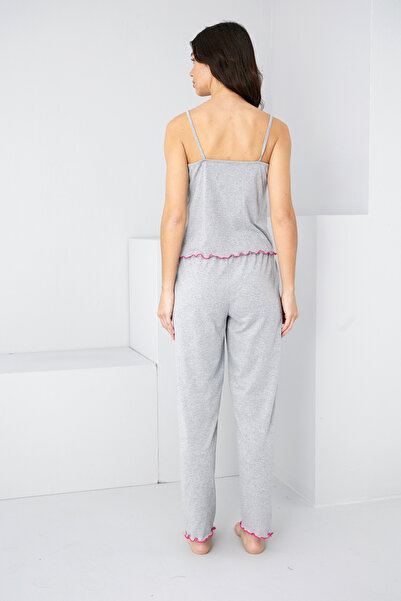 Siyah İnci gri kalp Nakışlı İp Askılı Örme Pijama Takım7883