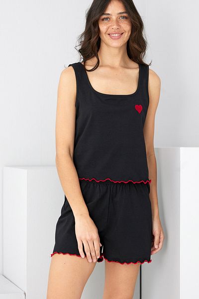 Siyah İnci Black Heart Embroidered Thick Strap Knitted Shorts Set7882