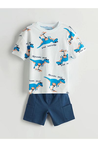 LC Waikiki Lcw Kids Ecru Dinosaur Printed Boys' T-Shirt and Shorts Pack of 2